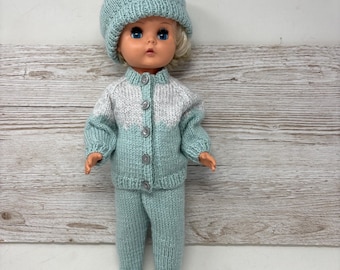 Hand knitted doll outfit, 3 piece winter footed pants, cardigan & hat set for 38-46cm /15-18” dolls
