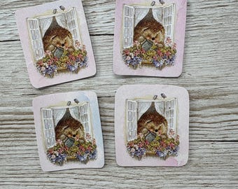 4 x vintage upcycled Country Companions hedgehog card toppers for scrapbooking, card making or paper crafts
