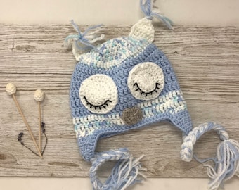 Hand crochet toddler owl trapper hat, gender neutral chunky age 1-2 winter hat