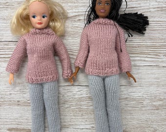 11” fashion doll hand knitted dusky pink sweater & grey trousers/pants, to fit vintage or modern dolls *doll not included*