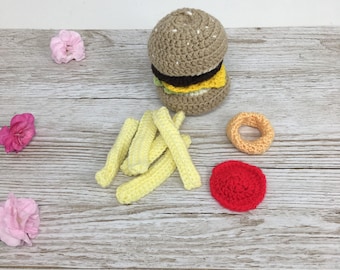 Play food, toy burger & fries hand crocheted kids kitchen toddler Montessori toy