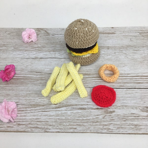 Play food, toy burger & fries hand crocheted kids kitchen toddler Montessori toy