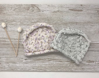 Knitted baby popcorn beanie hat, 6-12 months gender neutral speckled knit caps