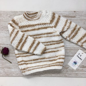 Hand Knitted Baby Jumper 8-9 Months Mauve & White Stripe 4ply Hand Knitted Baby Jumper 8-9 Months Mauve & White Stripe 4ply