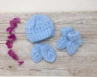 Hand knitted baby hat, mittens and booties, 0-3 months newborn baby boy gift set