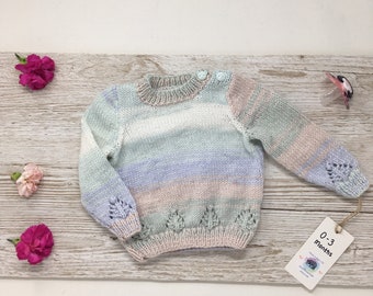 Hand knitted baby girl sweater, 0-3 months pastel leaf button shoulder jumper
