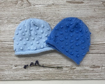 Knitted baby popcorn beanie hat, 3-6 months blue hand knit caps