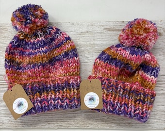 Hand knitted mummy & me mum and daughter matching super chunky knit hats, ladies S/M and girls age 10-12 pink purple pompom hat set