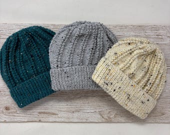 Gender neutral hand knitted aran speckled beanie hat, to fit medium ladies or XS men, choice of colours