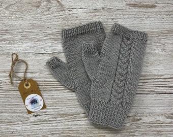 Men’s hand knitted wool mix fingerless gloves, steel grey hand knit cable knit wool handwarmers