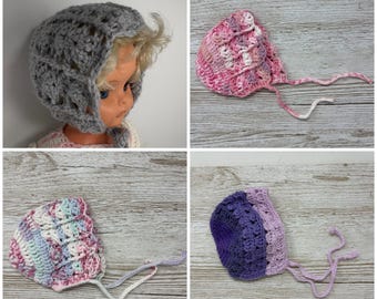 Hand crochet doll pastel bonnet to fit 38-46cm / 15-18” dolls, choice of colour *Doll not included*