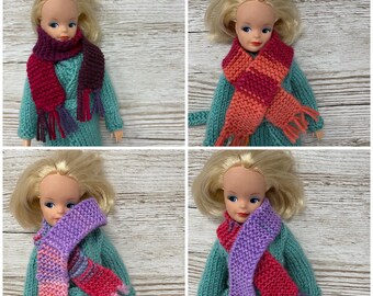 Hand knitted long wide fringed bright tutti frutti scarf for 11” poseable fashion dolls, choice of colour *Doll not included*