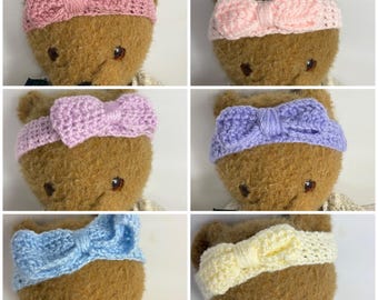 Hand crocheted individual bow headband to fit medium large sized teddy bears
