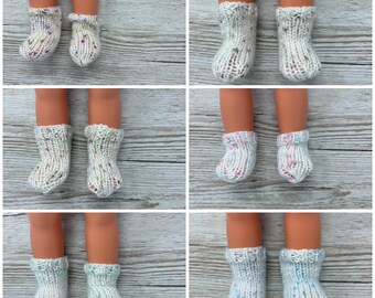 Hand knitted dolls socks in assorted speckled colours, choice of 2 sizes