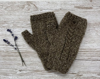 Hand knitted men’s fingerless gloves, hand knit toffee mix cable knit handwarmers, knitted mittens
