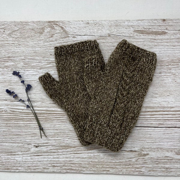 Hand knitted men’s fingerless gloves, hand knit toffee mix cable knit handwarmers, knitted mittens