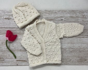 Hand knitted baby popcorn sweater & beanie hat set, 0-3 or 3-6 months gender neutral cream bamboo bobble cardigan