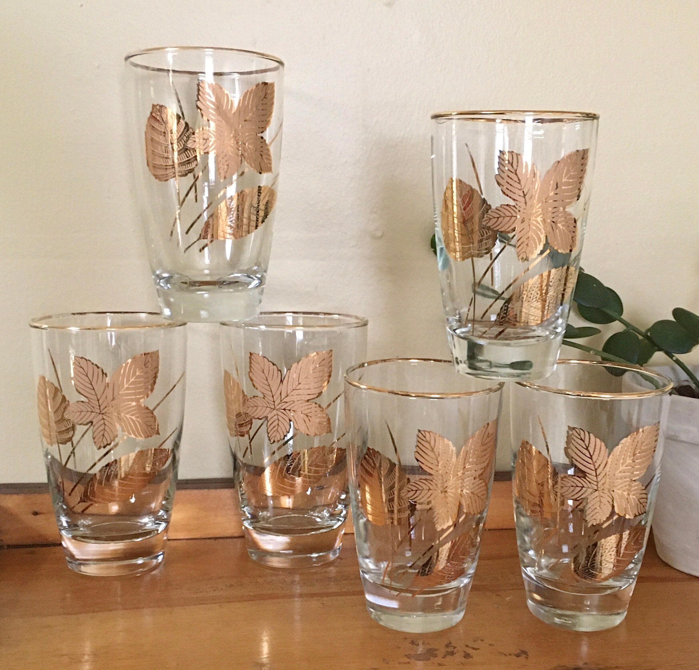 Mixed Set of Six Mid Century Gold Foil Autumn Leaf Glasses Etsy UK