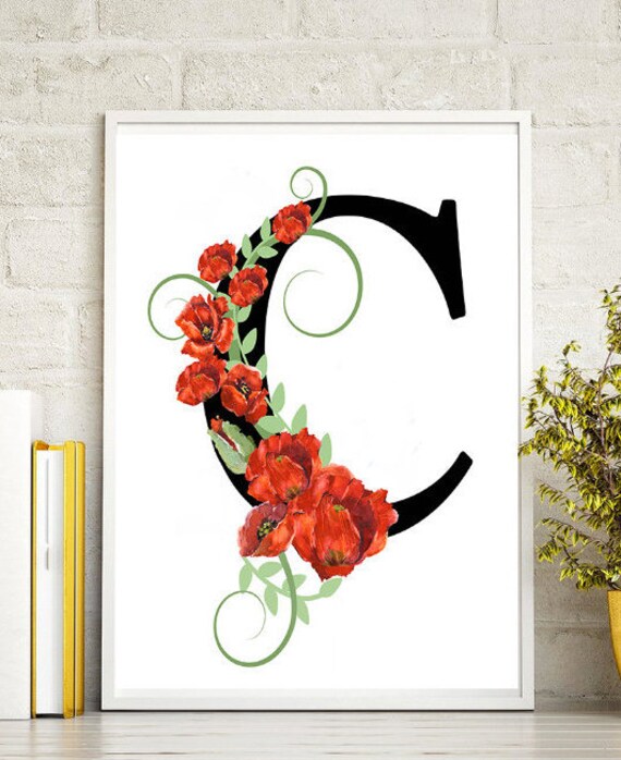 Letter C Watercolor Flower Black Initial Red Poppies Personalized Custom Print Nursery Wall Art Home Decor