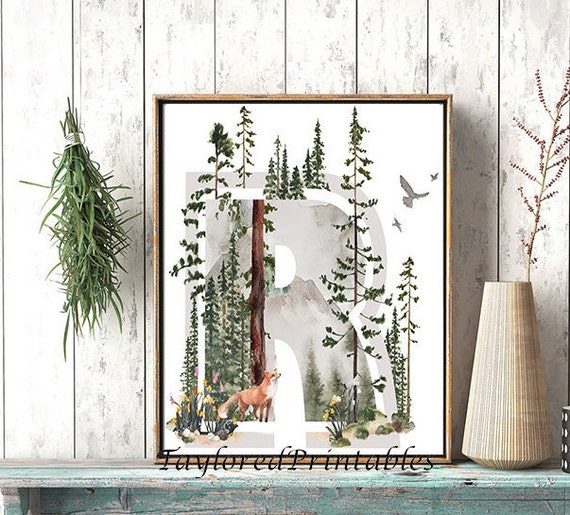 Lettre R Forêt Forêt Aquarelle Renard Imprimé Forêt Montagne Scène Aquarelle Animaux Art Téléchargement Téléchargement Imprimables Numérique
