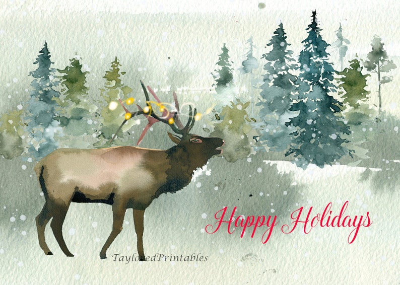 Deer Christmas Holiday Card Floral Watercolor Wreath Animal - Etsy