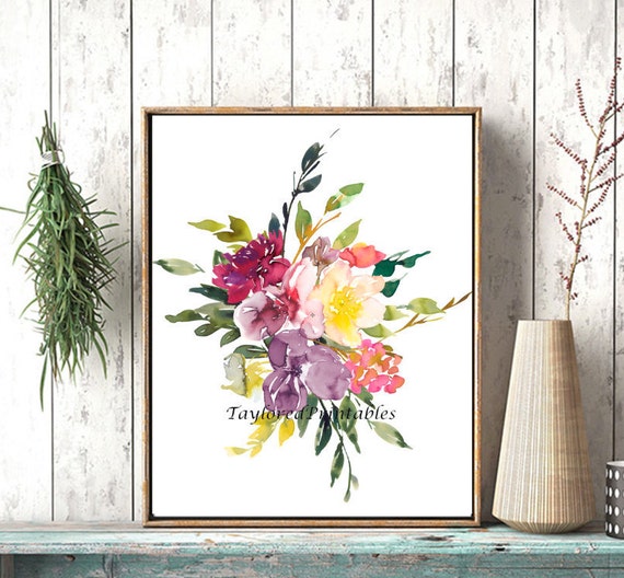 Watercolor Flower Bouquet Purple Lavender Burgundy Yellow Rose Etsy