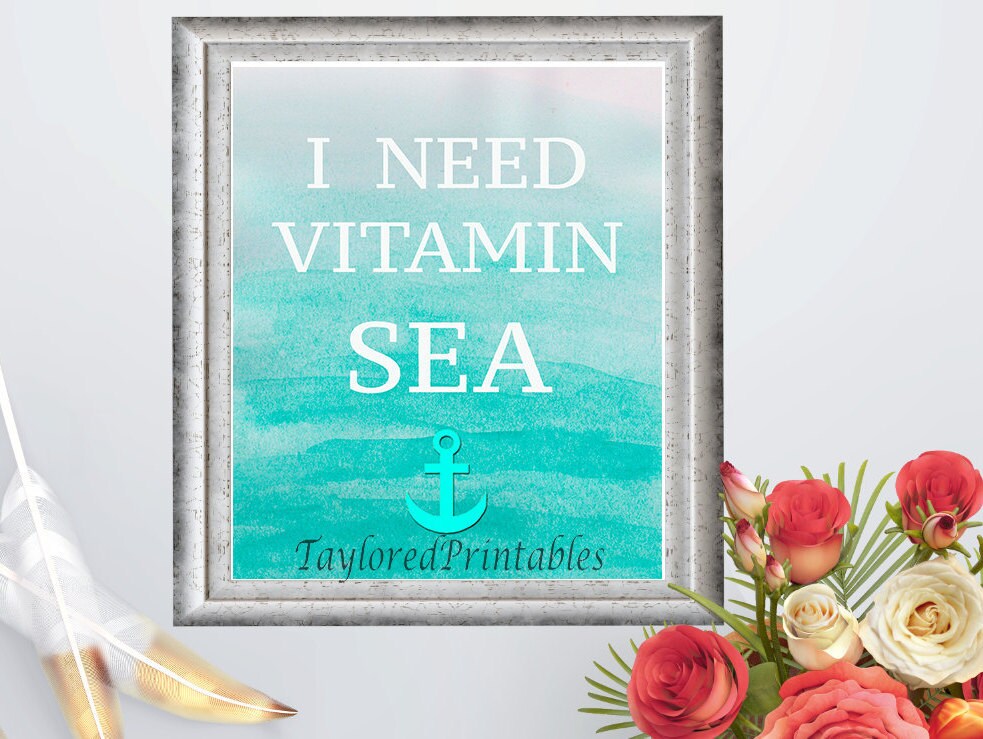 I Need Vitamin Sea Quote Wall Art Beach Art Watercolor Art Etsy