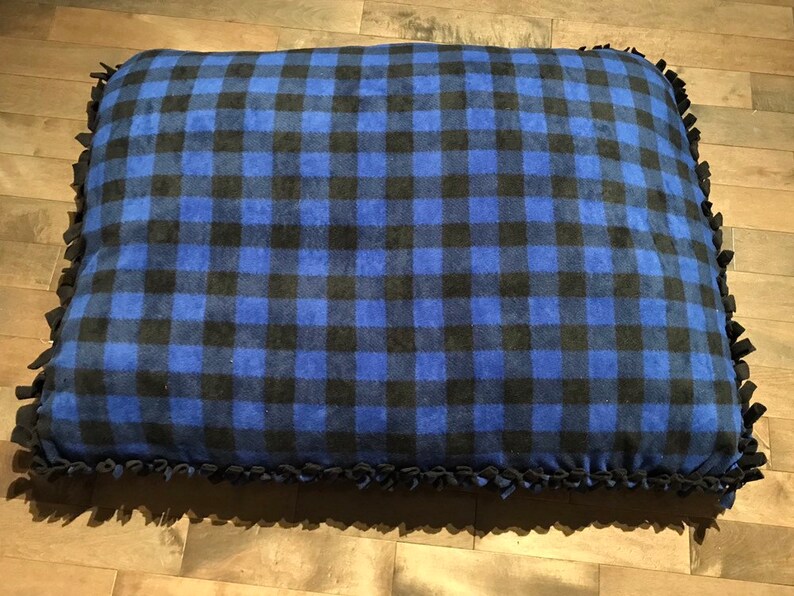 Large Fleece Pillow or Pet Bed Blue and Black Buffalo Plaid and Solid Black Back