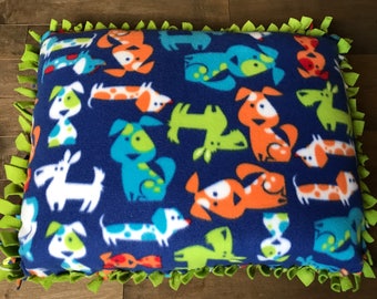 Small Fleece Pet Bed/Pillow, Bright Dog Print with Solid Green Back