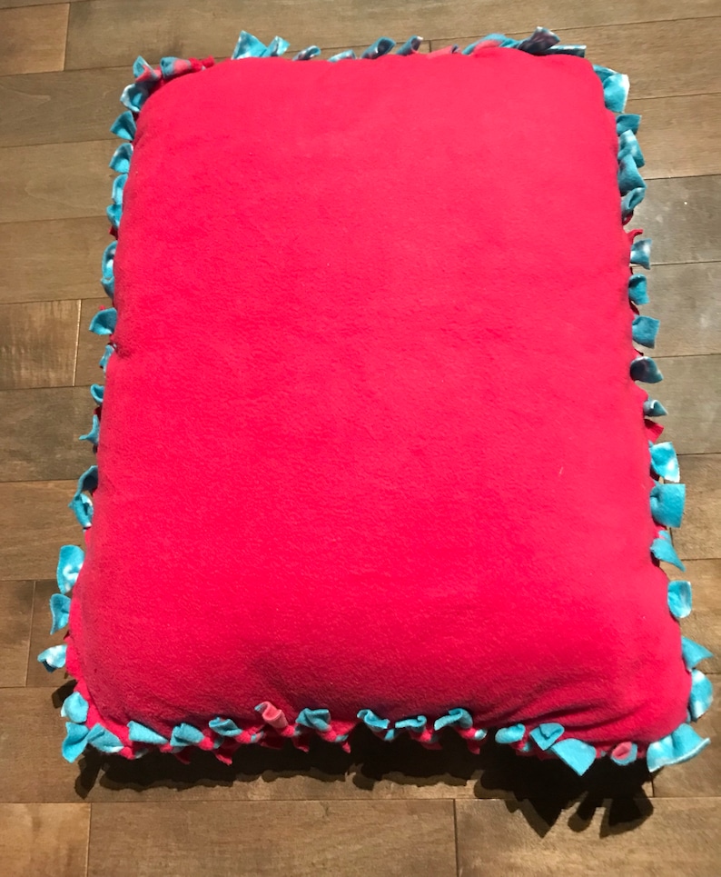 Turquoise Woof and Pink Paw Print with Solid Dark Pink Back Small Fleece Pet BedPillow