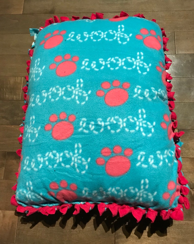Turquoise Woof and Pink Paw Print with Solid Dark Pink Back Small Fleece Pet BedPillow