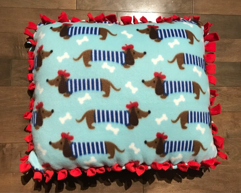 Small Fleece Pet BedPillow Parisian Dachshund Print with Solid Red Back