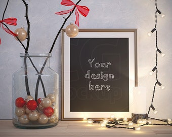 Download Free Styled stock photo, 16x20 holiday mock ups, CHRISTMAS frame mockup, Gold matted frame, XMAS decor, Scene mock up, Mockups design, PSD file PSD Template