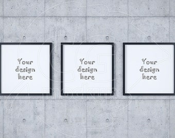 Download Free Digital frame mockup, Concrete wall background, Set mockup, Stock product mockup, Black frame, Triptych art, Instant download, Square prints PSD Template