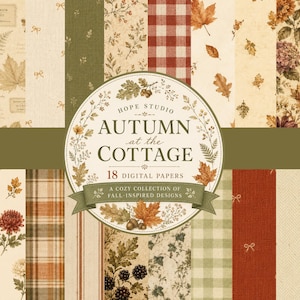 Può includere: Una collezione di 18 carte digitali intitolata Autumn at the Cottage di Hope Studio. I design presentano motivi ispirati all'autunno, tra cui foglie autunnali, quadri rossi e bianchi, motivi floreali, bacche e illustrazioni botaniche in toni caldi.
