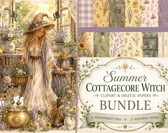 Summer Cottagecore Witch Clipart Bundle | Lavendel Botaniska PNG & Digitala Papper | Garden Witch Celestial Scrapbook Kit