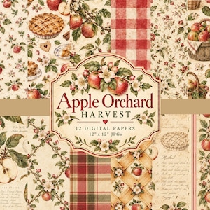 Puede incluir: Una colección de 12 papeles digitales titulada Apple Orchard Harvest, con patrones de manzanas rojas, hojas verdes, flores blancas, cuadros vichy rojos y blancos, tartán e ilustraciones de tartas de manzana sobre fondo crema, de 30,48 cm por 30,48 cm.