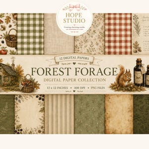Puede incluir: Una colección de papel digital titulada Forest Forage que presenta 12 patrones con temas forestales, incluyendo setas, ardillas, cuadros vichy e ilustraciones botánicas en tonos tierra de verde, marrón y crema, de 30,48 x 30,48 cm.