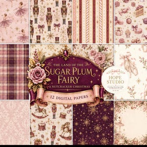 Puede incluir: Una colección de 12 papeles digitales titulada The Land of the Sugar Plum Fairy A Nutcracker Christmas. Los diseños incluyen bailarinas, cascanueces, dulces, patrones de cuadros, damasco y copos de nieve dorados en tonos rosa, crema y ciruela.