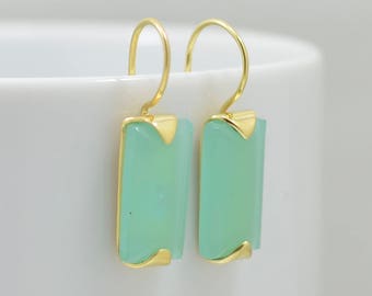 Gold Aqua Chalcedony Earrings, Chalcedony Gold Earrings, Silver Chalcedony Earrings, Chalcedony Square Earrings, Gold Earrings Chalcedony