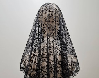 READY TO SHIP - D-shaped Mantilla Chapel Veil for Latin Mass, Catholic Veil | Black or White Veil (w/ snap on comb)