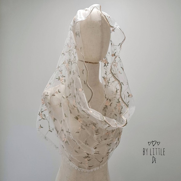 READY TO SHIP - Little Flowers Infinity Veil for Catholic Mass | Ivory (w/ snap on comb)