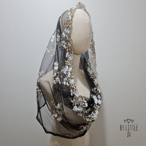 St. Catherine of Siena Infinity  Veil | Mantilla Chapel Veil for Latin Mass | Catholic Mass Veil | Grey & Beige embroidery (w/ snap on comb)
