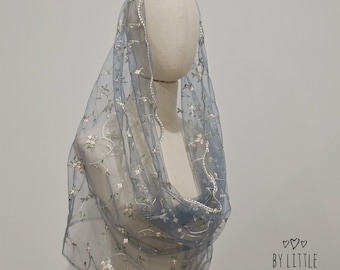 Little Flowers Infinity Veil for Catholic Mass | Blue-Grey (w/ snap on comb)
