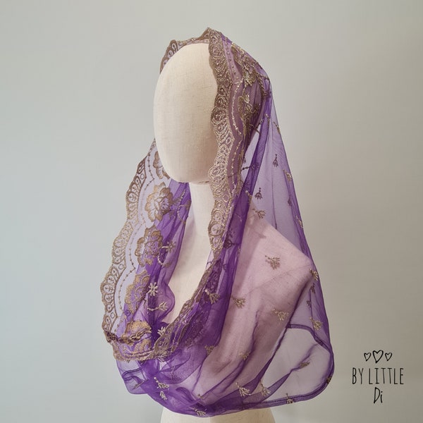 READY TO SHIP - Lace Infinity Veil for Catholic Mass, Latin Mass Veil, Catholic Veil, Advent Purple with Gold embroidery (w/ snap on comb)