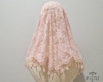 READY TO SHIP - St. Lucy Traditional Mantilla Chapel Veil for Latin Mass | Catholic Mass Veil | Lace Veil | Pink Veil (w/ snap on comb)