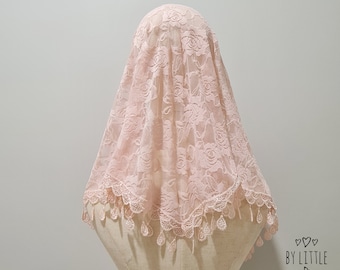 READY TO SHIP - St. Lucy Traditional Mantilla Chapel Veil for Latin Mass | Catholic Mass Veil | Lace Veil | Pink Veil (w/ snap on comb)