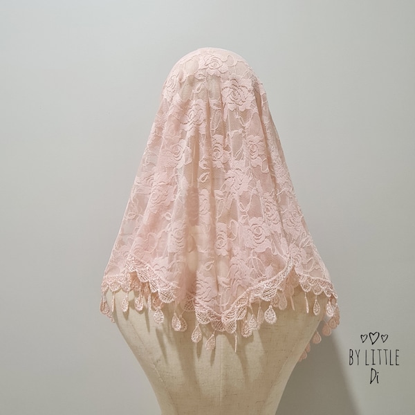 READY TO SHIP - St. Lucy Traditional Mantilla Chapel Veil for Latin Mass | Catholic Mass Veil | Lace Veil | Pink Veil (w/ snap on comb)