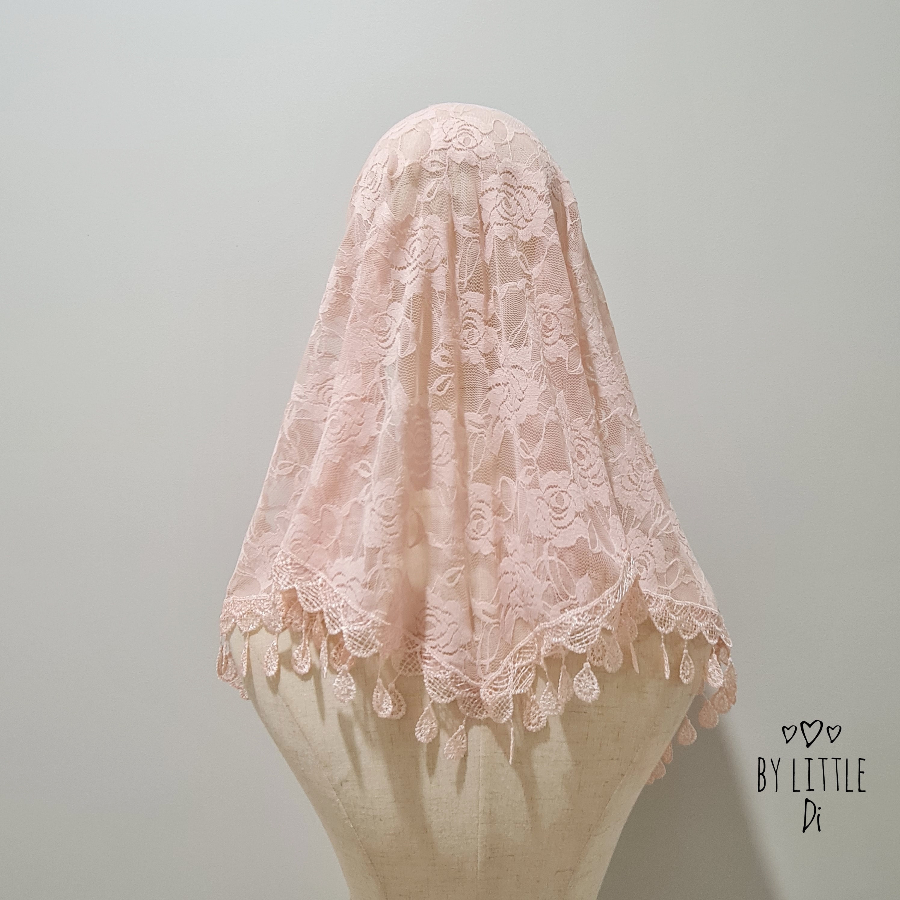 St. Lucy Traditional Mantilla Chapel Veil for Latin Mass | Catholic Mass Veil | Lace Veil | Pink Veil (w/ snap on comb)