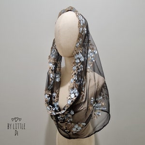 Velo infinito de Santa Catalina de Siena / Velo de capilla con mantilla para misa en latín / Velo de misa católica / Negro y azul (con peine a presión)